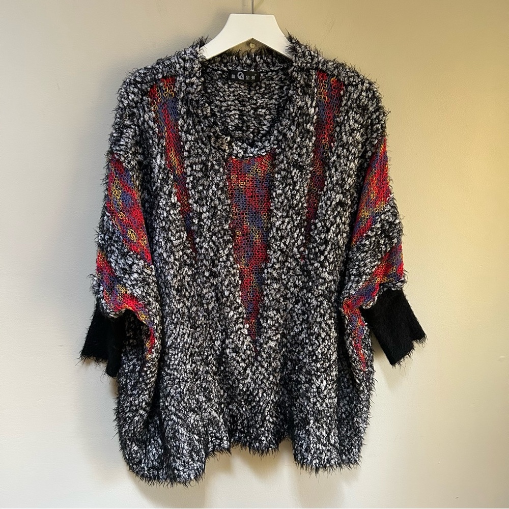 Oversized Boxy Knit Art To Wear Mixed Media Eyelash Fringe Sweater Top One Size